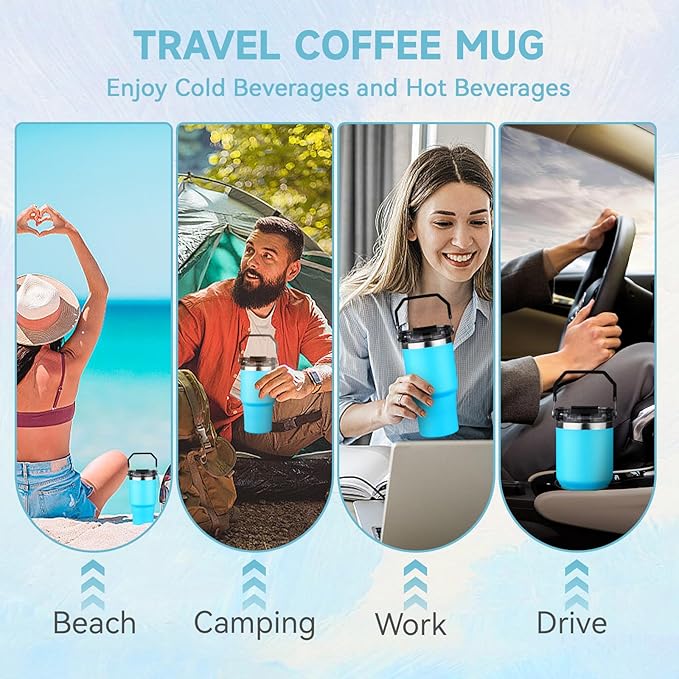 20oz Tumbler with Handle and Flip Straw Lid Double Wall Insulated Travel Coffee Mug Stainless Steel Vacuum Insulated Coffee Tumbler Cup for Hot and Cold Beverages,Leak-proof&BPA-free（20oz,Baby blue）