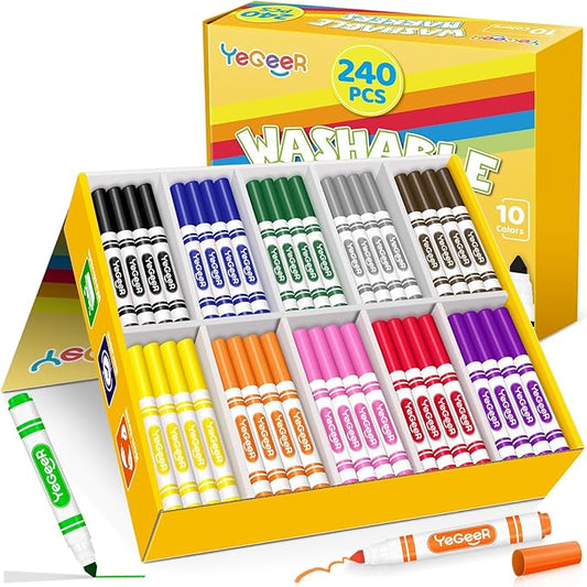 YEGEER Washable Markers Bulk, 10 Assorted Colors, 240 Count Washable Markers for Kids, School and Teacher Classroom Supplies, Coloring Marker for Ages 3+ Year Old Boys Girls