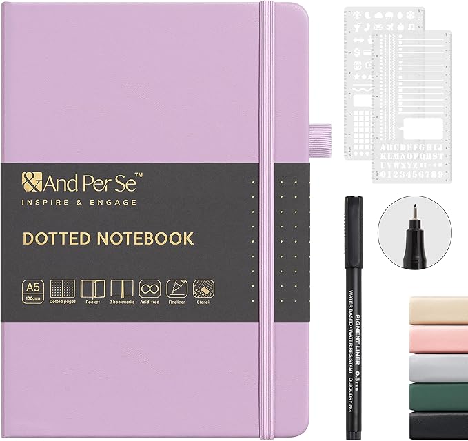 &And Per Se Dotted Notebook, A5 Hardcover with Journal Dotted Pages, Journal Stencils & Pen, 176 Numbered Pages for Beginners Women Men (Lavender)