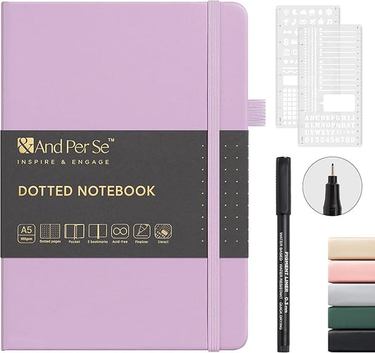 &And Per Se Dotted Notebook, A5 Hardcover with Journal Dotted Pages, Journal Stencils & Pen, 176 Numbered Pages for Beginners Women Men (Lavender)
