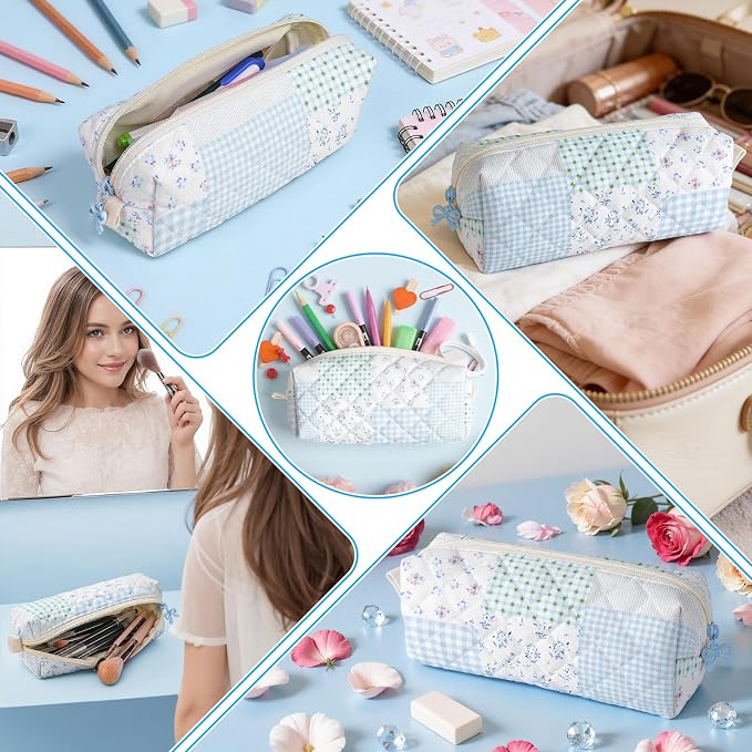 Cute Quilted Pencil Case for Women, Aesthetic Small Floral Pencil Pouch, Slim Soft Pencil Bag for Stationery Supplies & Daily Use（Green Blue Patchwork）