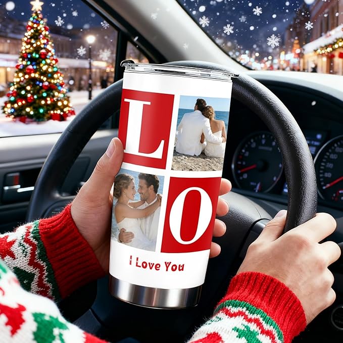 Personalized Tumbler Custom Vacuum Insulated Travel Mug Customizable Coffee Cup with Your Photos and Text Christmas Birthday Gift (LOVE-4 Photos)