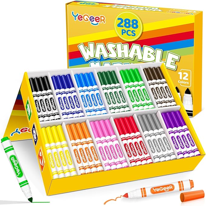 YEGEER Washable Markers Bulk, 12 Assorted Colors, 288 Count Washable Markers for Kids, School and Teacher Classroom Supplies, Coloring Marker for Ages 3+ Year Old Boys Girls (288)