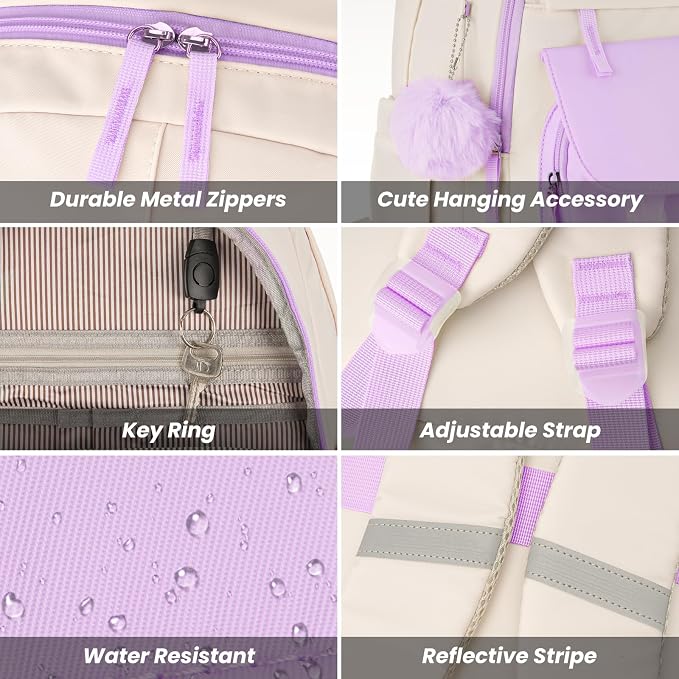 WINDARS School Backpack for Teen Girls, Cute College Backpacks for Women Students Aesthetic Bookbag Large 15.6 Inch Laptop Bag Middle School Travel Back Pack (Purple Beige)