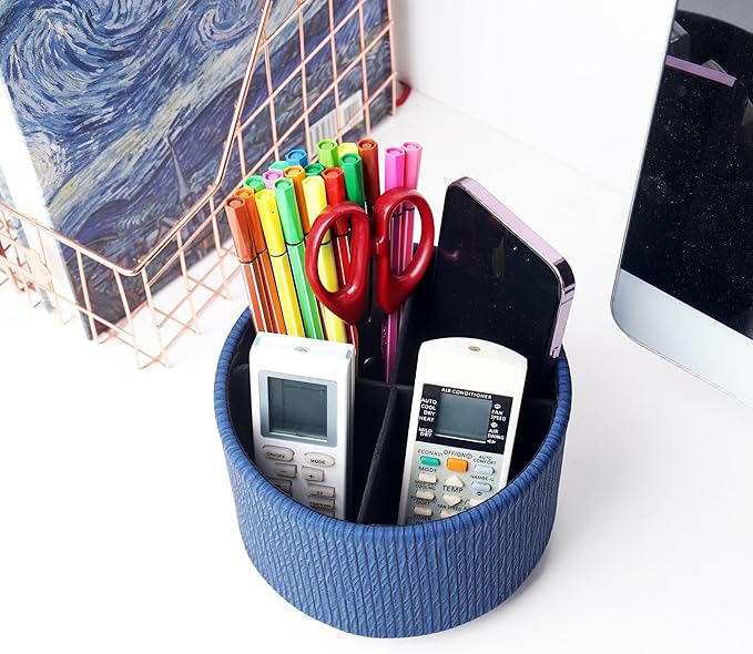 Round Leather Art Supply Organizer,Remote Control Holder,360 Degree Spinning,Multi-Functional Pencil Holder,4 Compartments Desktop Stationary Organizer(1-Vertical Wood Blue)