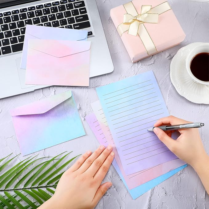 Geyee 200 Pieces Watercolor Stationary Paper and Envelopes Include 100 Lined Sheets and Envelopes, 5. 5 x 8. 25 Inch Double Sided Printing Letter Writing Paper with Mailers(Watercolor)
