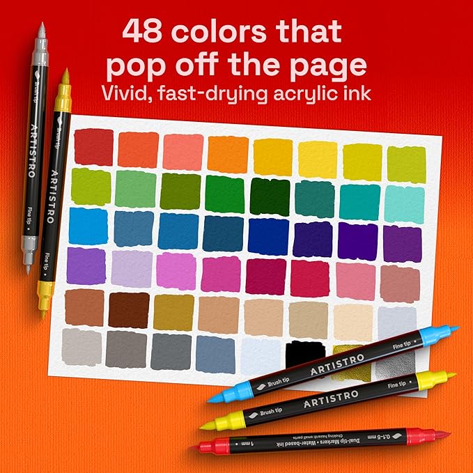 ARTISTRO 48 Acrylic Paint Markers - Paint Pens for Drawing, Brush + Fine Tips - For Fabric, Rock, Glass, Wood, DIY - Art & Craft Supplies for Adults, Teens, Kids - Teacher Appreciation Gift
