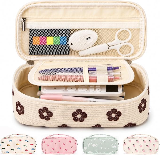 Big Capacity Pencil case,Soft Corduroy Pencil Bag,Cute Pen Case with Handle,5 Compartments, Wide Opening Pen Pouch Organizer for Teen Girls Women (Brown Floral)