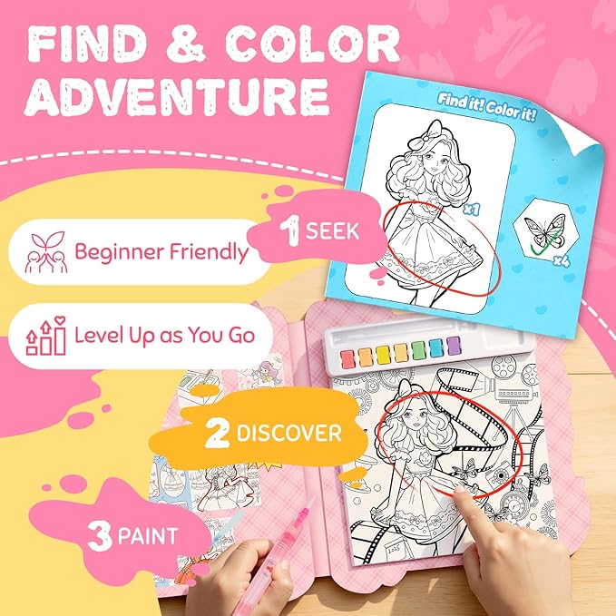 JoyCat Find & Color Paint with Water Coloring Books for Toddlers, Educational Seek and Find, No Mess Art & Craft Toy, Fun Learning Activity for Kids Ages 3-5 4-8, Gifts for Girls Boys (Fashion Dress-up)