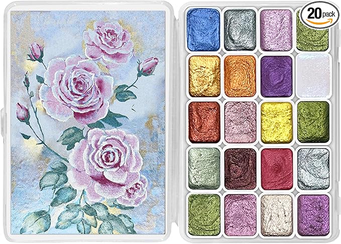 CraftyManor Mini Forestry Shifting Watercolor Painting Kit, 20 Color Shifting Watercolor Paint Set, Shimmer Metallic Watercolor Set, Glitter Watercolor Paint, Solid, Rococo Style