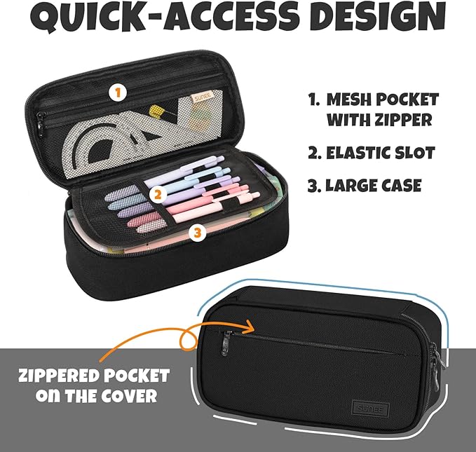 SUNEE Cute Pencil Case, Large Capacity Pencil Pouch, Big Storage Organizer for Stationery, Zipper Pen Bag, Back to School Supplies, Office Organizer Makeup Bag, for Teen Girl Boy Men Women, Black