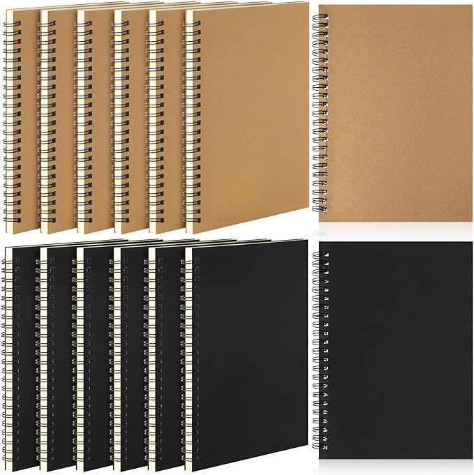 Leelosp 12 Pcs Small Spiral Notebook Lined Spiral Journal College Ruled Notebook Wire Bound Kraft Cover, 120 Pages for Work (Brown,Black,5 x 7 Inch)