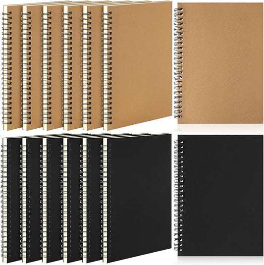 Leelosp 12 Pcs Small Spiral Notebook Lined Spiral Journal College Ruled Notebook Wire Bound Kraft Cover, 120 Pages for Work (Brown,Black,5 x 7 Inch)
