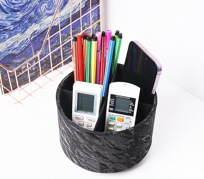 Round Leather Art Supply Organizer,Remote Control Holder,360 Degree Spinning,Multi-Functional Pencil Holder,4 Compartments Desktop Stationary Organizer(1-Hill Black)