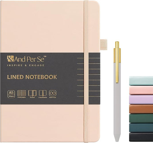 &And Per Se Lined Journal and Pen Set, A5 Leather Hardcover Notebook with Pen & Stationary Set, 160 Pages 100GSM Thick Ruled Paper Journal for Business Work Writing (Light Apricot)