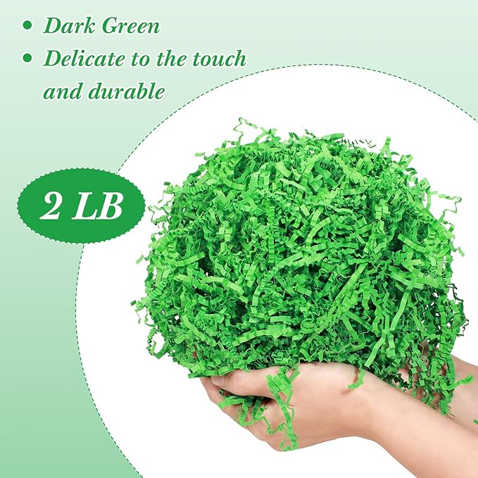 Outus 2 LB Green Crinkle Paper Filler for Bag Gift Box Basket Grass Green Crinkle Cut Shredded Paper Filler Confetti Stuffing Decoration for Graduation Holiday Birthday Christmas Party Wrapping Decor