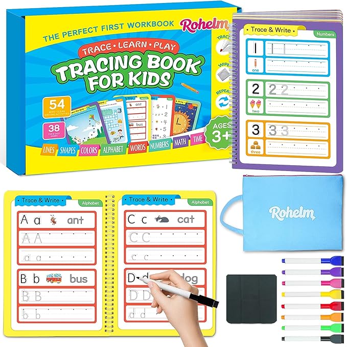 Preschool Learning Activities, Tracing Books for Kids 3+, 54 Reusable Toddler Learning Activities Book, Toddler Handwriting Practice, Montessori Travel Educational Toys, Gifts for Kids Ages 3+