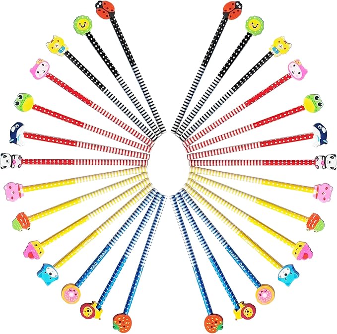 28PCS Assorted Cartoon Stripe Colored Wooden Pencils with Fruit Animal Top Pencil Erasers for Kids School Supplies and Children Prize Gifts, 28 Count (Pack of 1)