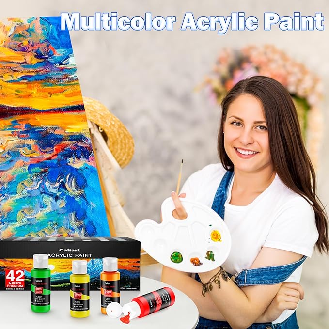 Caliart Acrylic Paint Set with 12 Brushes, 42 Colors (59ml, 2oz) Art Craft Paints Gifts for Adults Artists Beginners Painters, Halloween Pumpkin Canvas Ceramic Rock Painting Kit Art Supplies