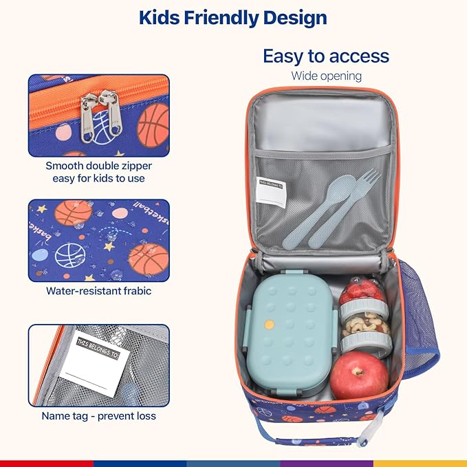 Bagseri Kids Lunch Box for Boys - Insulated Toddler Lunch Bag Fits Bento Box, Reusable Daycare Cooler Tote with Clip Handle, Water-Resistant Lining, Blue Basketball
