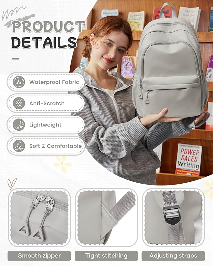 Small Grey Backpack for School Women Girls, Waterproof Bookbag Cute High School Backpack for Men Teen Boys, Lightweight Travel College Back Pack Mochilas Escolares para Casual Daypack