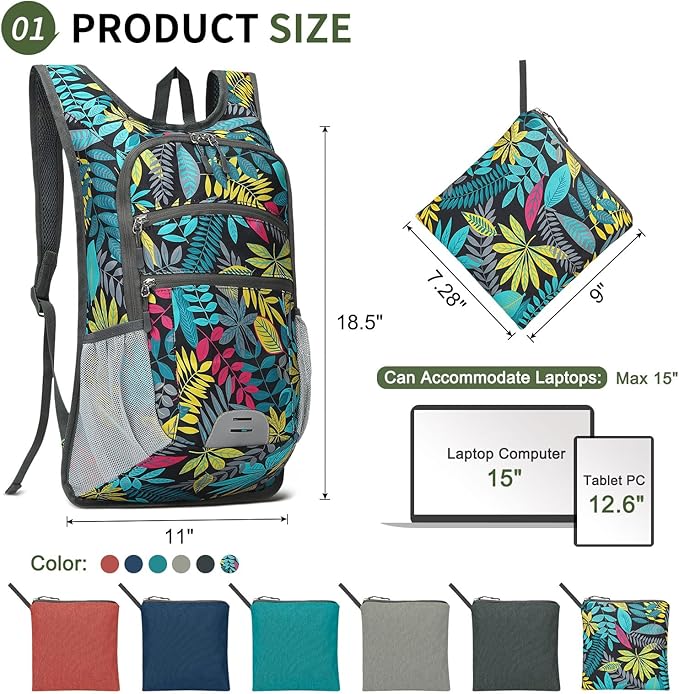 20L Lightweight Hiking Daypack, Foldable Travel Packable Backpack for Men Women for Cycling Camping Outdoor (Leaf Print)