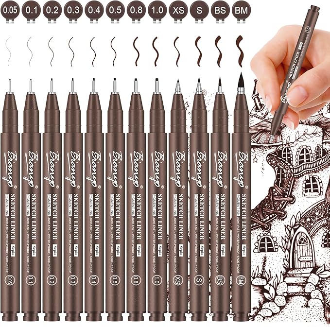 Bianyo Sepia Tone Drawing Pen Set, 12 Assorted Sizes Sketch Liner, Water-Resistant Archival and Pigment Ink Art Pens, Precision Drawing and Sketching Kit