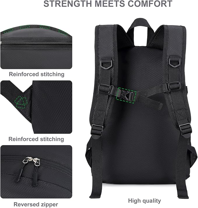 Lightweight Hiking Backpack 30L Packable Foldable Daypack Collapsible Travel Bag Water-Resistant for Women Men (Black)