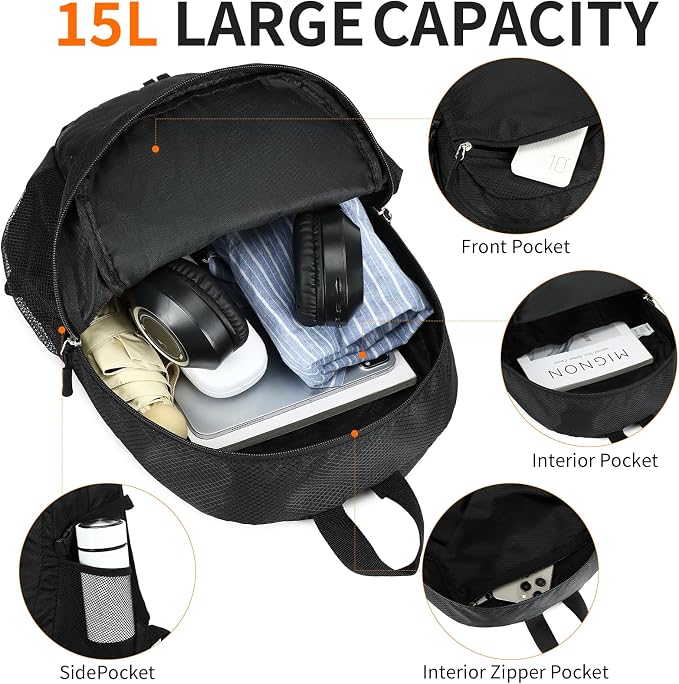 Small Hiking Backpack Travel Lightweight Hiking Packable Daypack Water-Resistant Foldable Ultralight Backpacks 15L for Travel Women Men Camping (Black)