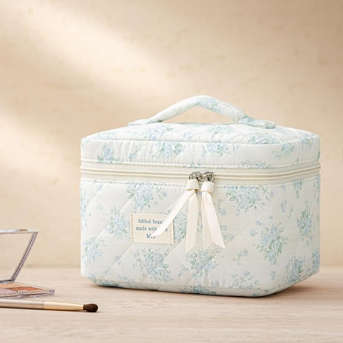 HBselect Quilted Makeup Bag, 3Pcs Cotton Large Travel Makeup Bags Organizer | Cute Floral Make up Bag Cosmetic Bag Toiletry Bag for Women Girls, Makeup Pouch for Skincare, Brushes & Travel Essentials