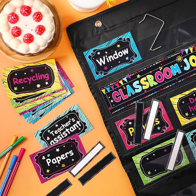 Qeeenar Classroom Jobs Pocket Chart with 96 Cards and 3 Hooks Class Management Educational Schedule for Teacher Back to School Supplies(Blackboard)