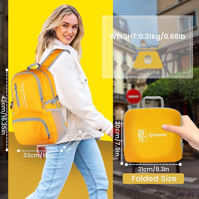 ZOMAKE Lightweight Packable Backpack - 35L Light Foldable Hiking Backpacks Water Resistant Collapsible Daypack for Travel(Yellow New) | Light Hiking Backpacks Water Resistant Collapsible Day Pack for Travel, Everyday Carry, Multi-Pocket Layout, Heavy D...