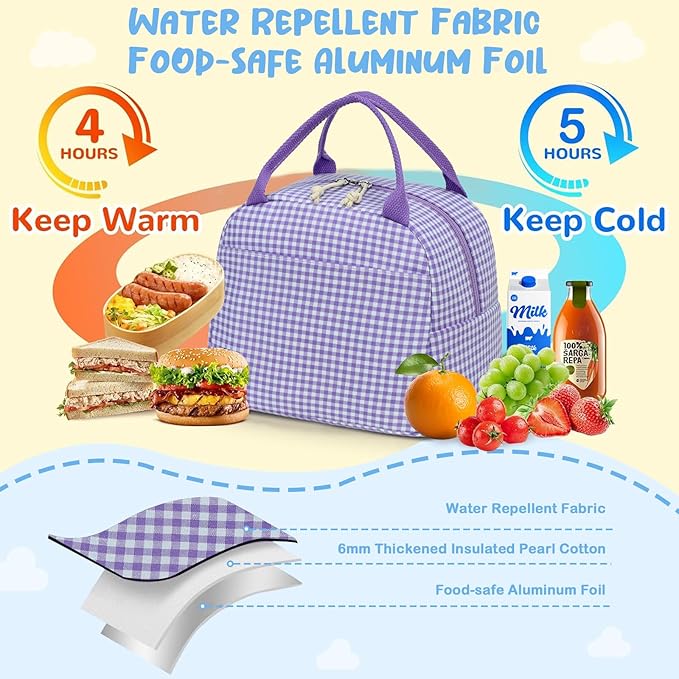CAMTOP Lunch Box Kids Insulated Lunch Bag Large Reusable Leakproof Cooler Lunch Bags for Boys Girls School Travel Picnic (Purple and White Checkered)