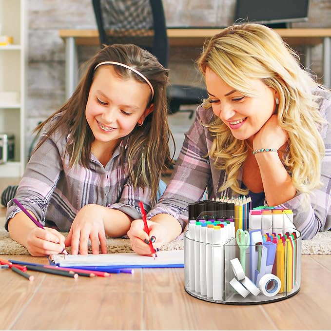Absonic 500 PCS Acrylic Pencil Holder, 360 Rotating Clear Marker Organizer, Pen Crayon Marker Caddy Organizer for Desk, Desktop Storage and Organizer for Office School Art Supplies, 2 Pack