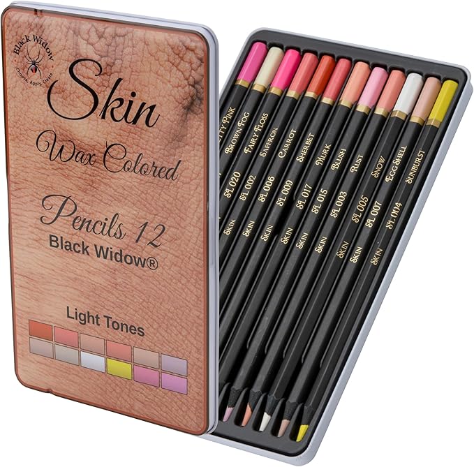 Black Widow Skin Tone Colored Pencils for Adult Coloring Books – 12 Soft Core Color Pencils for Portraits and Skintone Artists – Complete Range with Lightfast Ratings