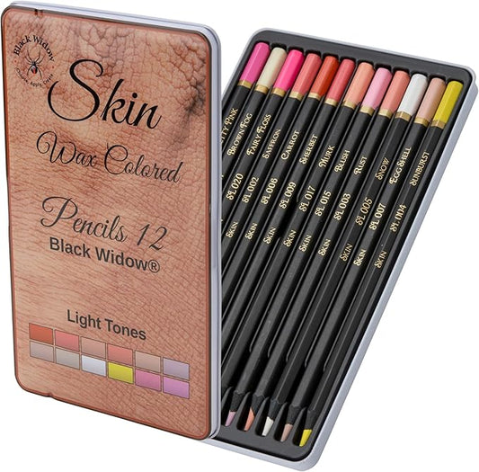 Black Widow Skin Tone Colored Pencils for Adult Coloring Books – 12 Soft Core Color Pencils for Portraits and Skintone Artists – Complete Range with Lightfast Ratings