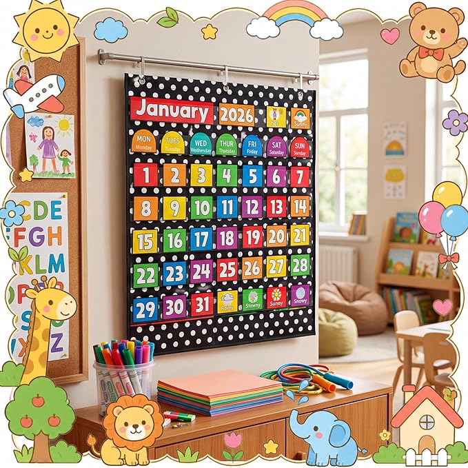 Gueevin 124 Pcs Classroom Calendar Bulletin Board Set Black and White Polka Dots Seasons Weather Calendar Chart Bulletin Board Display with Cards Festival Pocket Chart for Learning Decoration