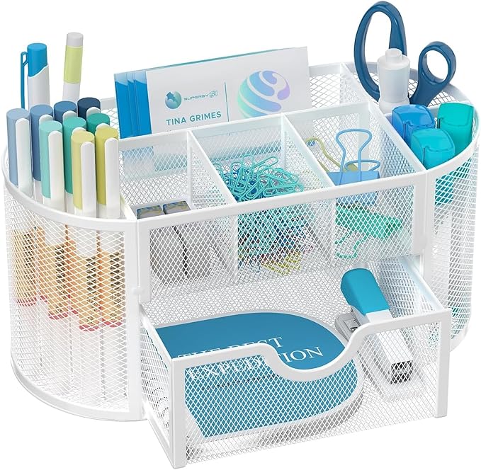 SUPEASY Mesh Desk Organizer, Desk Accessories & Workspace Organizers with Drawers, Pencil Holder for Desk with 9 Compartments for Office Supplies, School, Classroom, 8.6 x 4.3 x 4.1 Inch, White