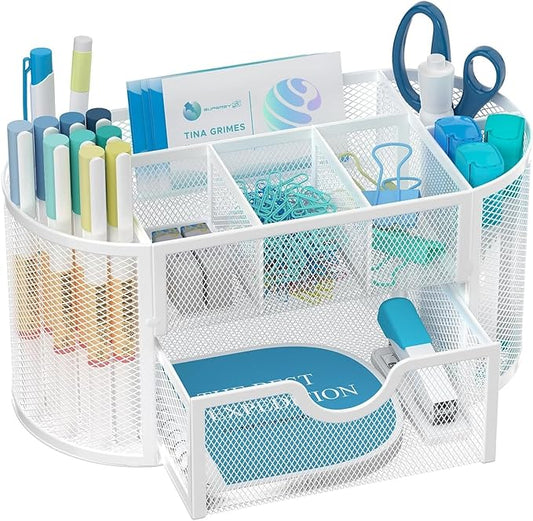 SUPEASY Mesh Desk Organizer, Desk Accessories & Workspace Organizers with Drawers, Pencil Holder for Desk with 9 Compartments for Office Supplies, School, Classroom, 8.6 x 4.3 x 4.1 Inch, White