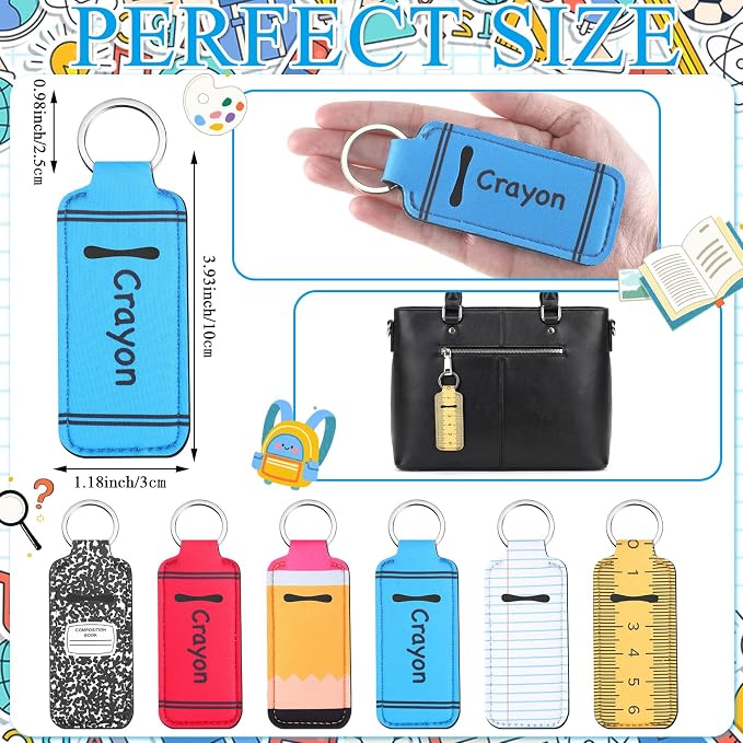 12 Pcs Back to School Lipstick Holder Keychains Bulk Teacher Appreciation Gifts Cute Pocket Lip Balm Holder Keychain Purse Accessories for Women Back to School Party Favors, 6 Style