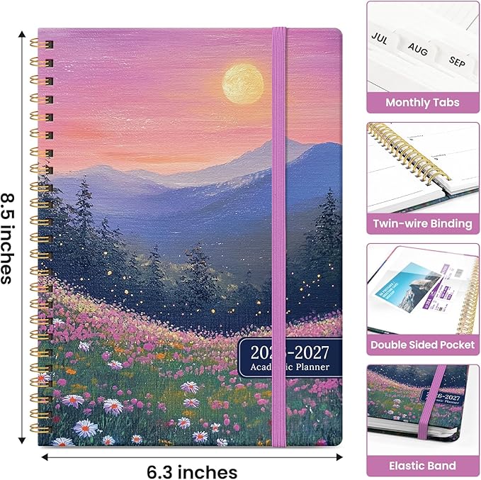 Planner 2026–2027, Academic Monthly Weekly Spiral Calendar, July 2026 – June 2027, Hardcover Agenda Notebook with Tabs, 6.3" x 8.5", Perfect for Students, Teachers, School & Daily Planning - Twilight Bloom
