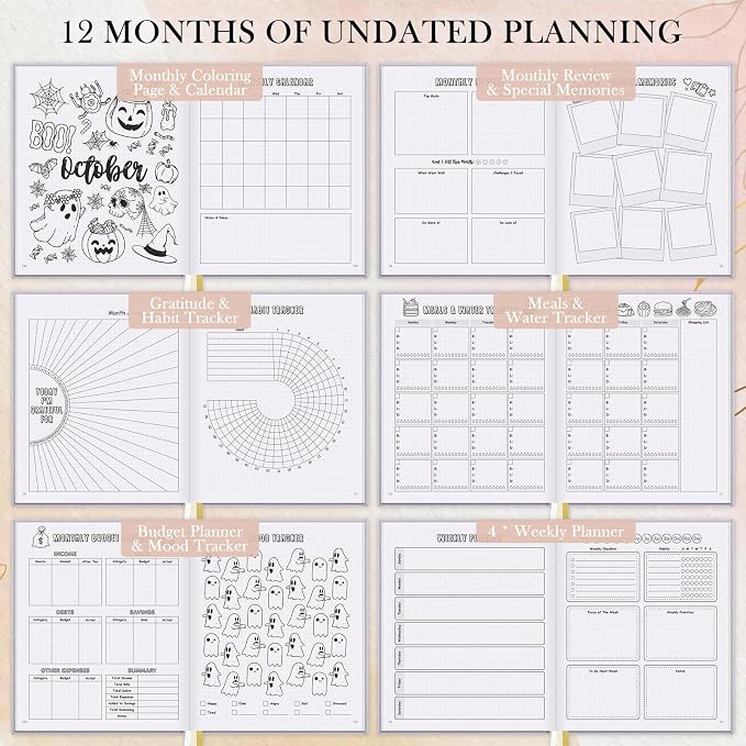 Everloria Premade Dotted Journal, 12 Months Pre-made Templates Bullet Notebook, 260 Hand-Drawn Coloring Pages, Undated Weekly & Monthly Planner, 7.8"x9.3" Linen Dot Grid Habit Mood Tracker, Lilac