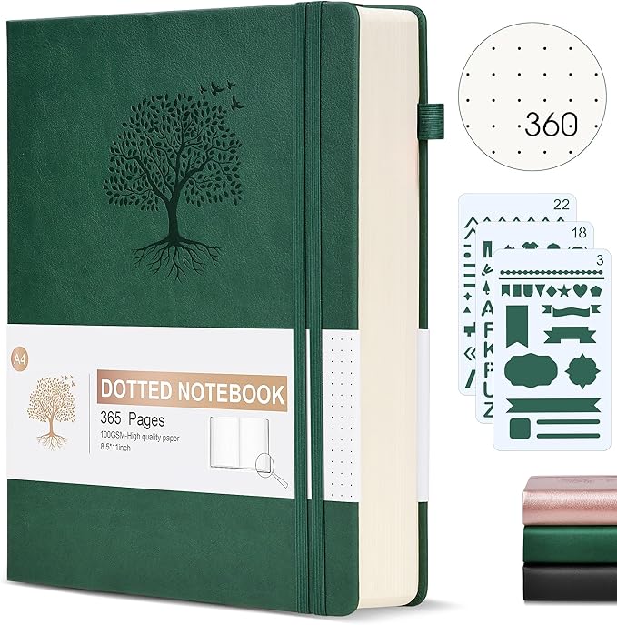 Ansopu Dotted Journal Notebook, 360 Numbered Pages Dot Grid Notebooks 8.5 x 11, 100gsm Dot Paper Thick Hardcover Leather Journals for Writing Women Men, A4 Large Bullet Dotted Notebooks Green