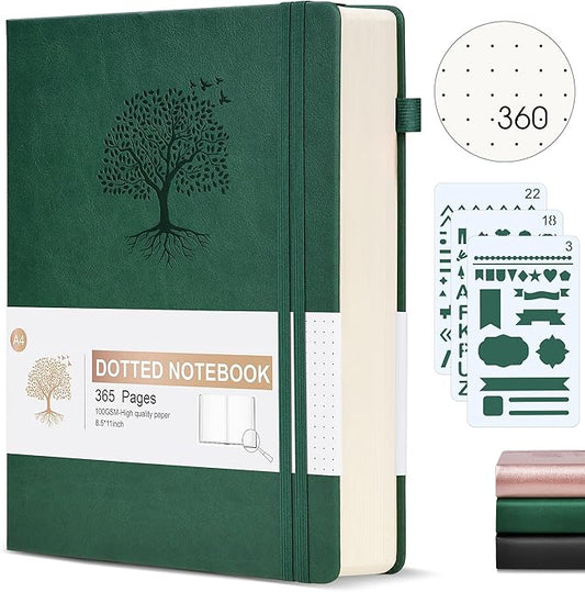 Ansopu Dotted Journal Notebook, 360 Numbered Pages Dot Grid Notebooks 8.5 x 11, 100gsm Dot Paper Thick Hardcover Leather Journals for Writing Women Men, A4 Large Bullet Dotted Notebooks Green