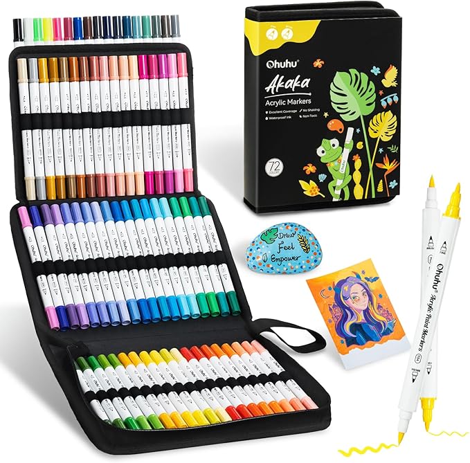 Ohuhu Acrylic Paint Markers Dual Tips: 72 Colors Brush & Fine Paint Pens High Opacity Acrylic Markers Waterproof Lightfast for Rock Painting 3D Prints Egg Wood Glass Ceramic DIY Crafts - Akaka