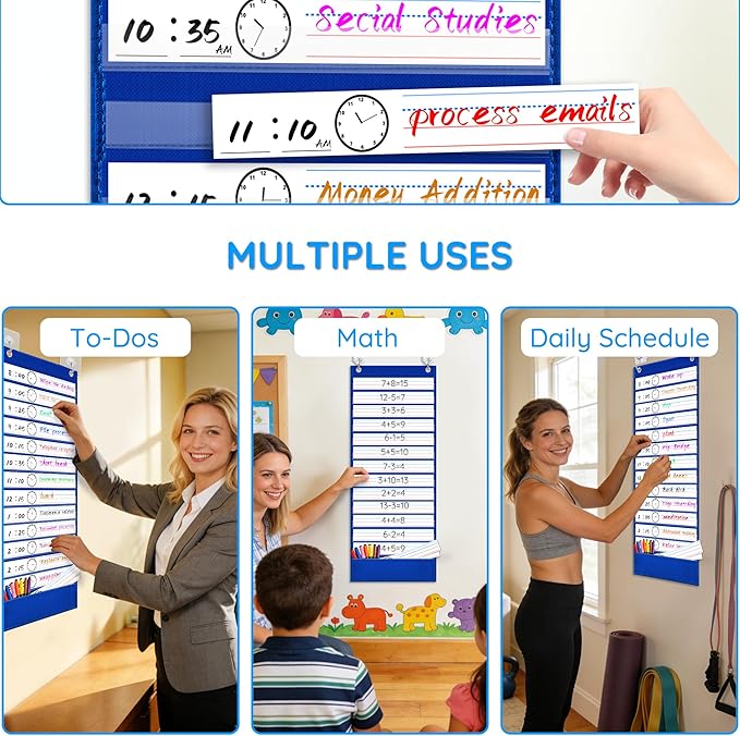 ZKOO Daily Schedule Pocket Chart, 13+1 Pocket Visual Schedule with 18 Double-Sided Reusable Dry-Erase Cards, Teaching Scheduling Pocket Charts for Classroom, Homeschool, Special Education (Blue)