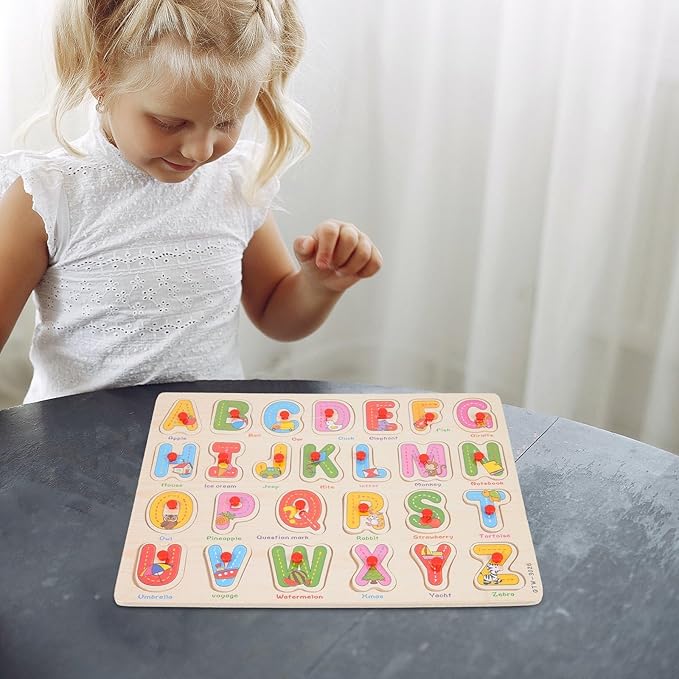 Alphabet Puzzle Wooden Puzzles for Toddlers 3+ Year Old, ABC Puzzle Shape Alphabet Learning Puzzles Toys with Puzzle Board & Letter Blocks, Preschool Education Kit for Girls and Boys