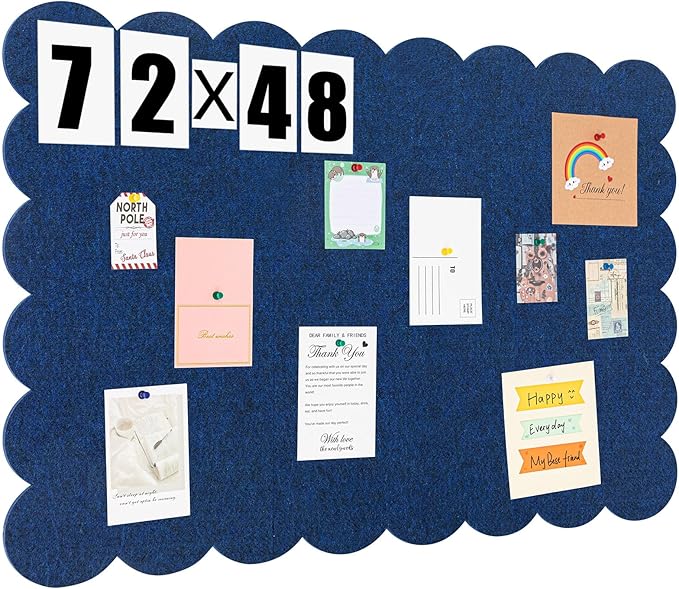 Mooliwe Scalloped Felt Bulletin Board 72 x 48 Inches Foldable Dark Blue Pin Cork Board Alternative for Wall, 6' x 4' Trifold Picture Vision Self Adhesive Bulletin Decorative
