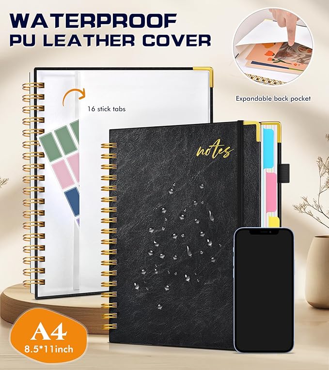 Hardcover Spiral Notebook Journal 8.5" x 11" Leather 5 Subject Notebook with Removable Dividers Tabs, 300 Pages Organizer Notebooks for Work School, College Ruled, Large Lined Journal for Women,Black