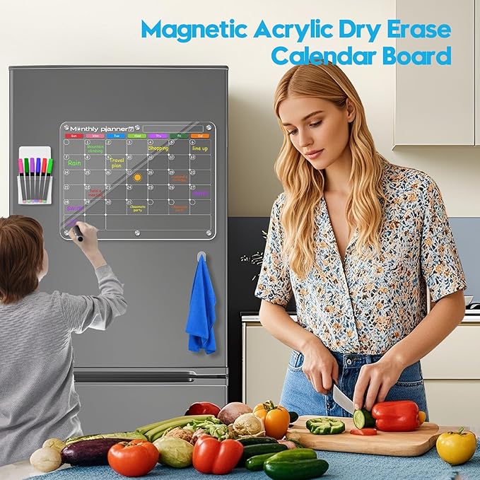 Acrylic Magnetic Calendar for Fridge, Clear Monthly Dry Erase Planning Board for Refrigerator, Reusable Kitchen Whiteboard Planner for Events/Notes, with 8 Colorful Markers, 11.8''×15.7''